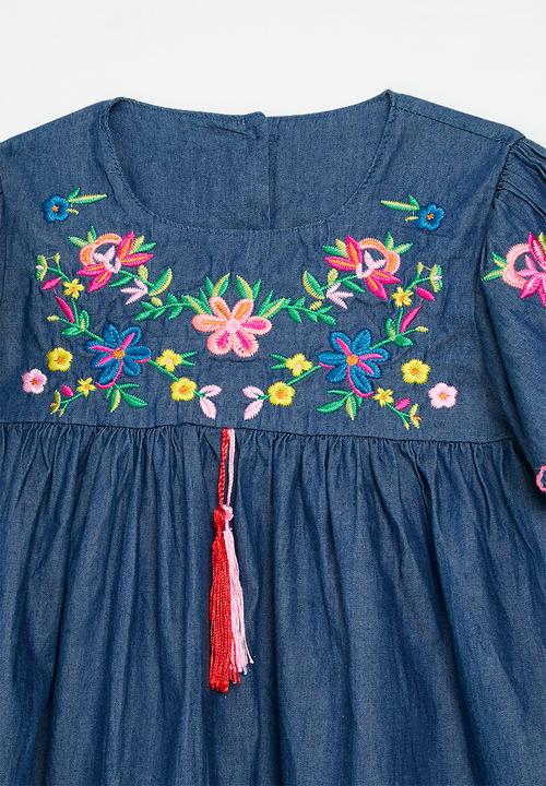 Pop Candy - Floral applique denim dress-blue