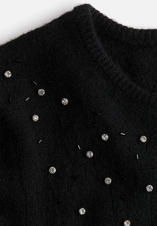 H&M - Embellished fine-knit top - black