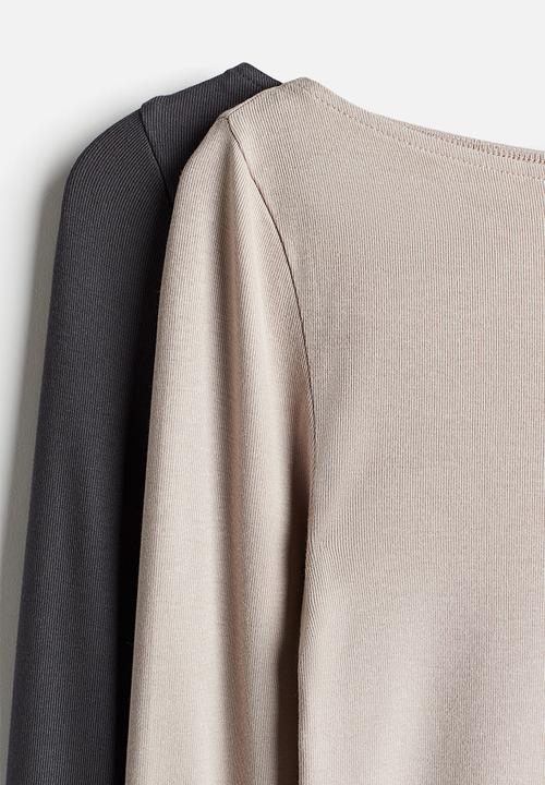 H&M - 2 pack ribbed boat-neck tops - light greige & dark grey