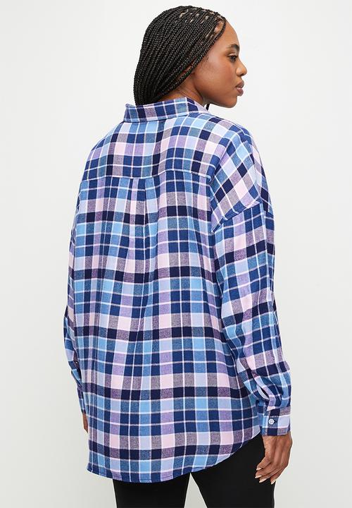 Cotton On - Plus Flannel Boyfriend Long Sleeve Shirt - Blue & Pink Thomas Check
