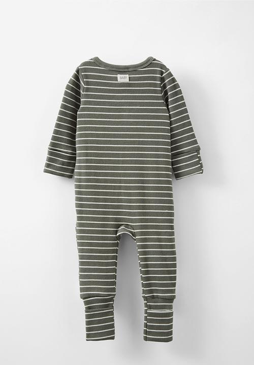 Cotton On - The long sleeve rib romper - swag green/vanilla riley stripe