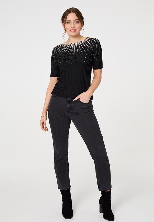 Stella Morgan - Diamante trim Ribbed Knitted Top - Black