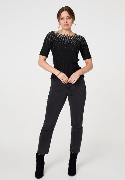 Stella Morgan - Diamante trim Ribbed Knitted Top - Black