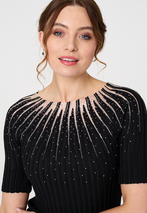 Stella Morgan - Diamante trim Ribbed Knitted Top - Black