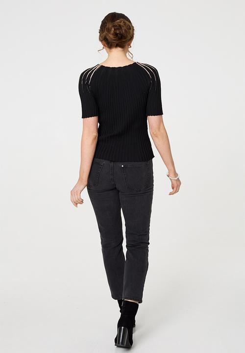 Stella Morgan - Diamante trim Ribbed Knitted Top - Black
