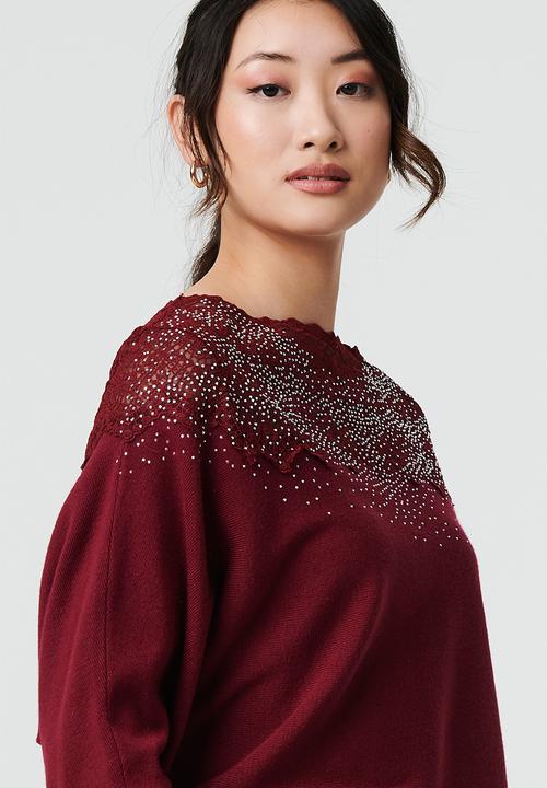 Stella Morgan - Sequinned lace knitted Sweater - Wine