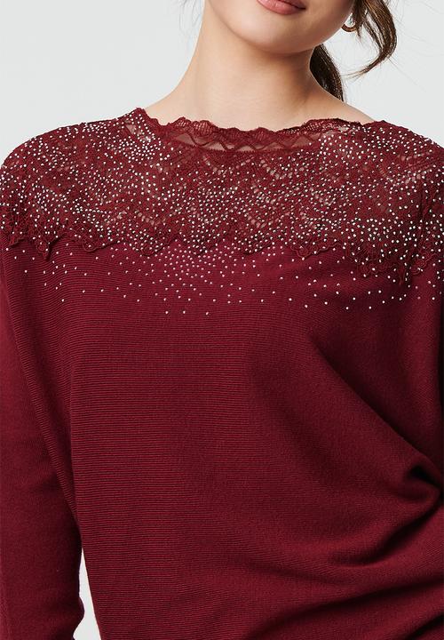 Stella Morgan - Sequinned lace knitted Sweater - Wine
