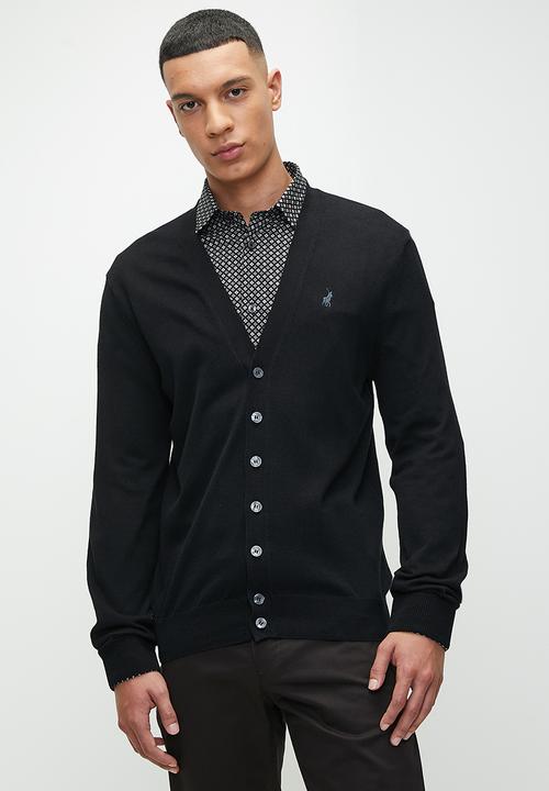 POLO - Mens Long Sleeve Plain Cardigan  - Black