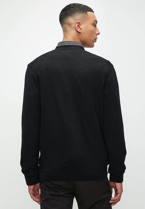 POLO - Mens Long Sleeve Plain Cardigan  - Black