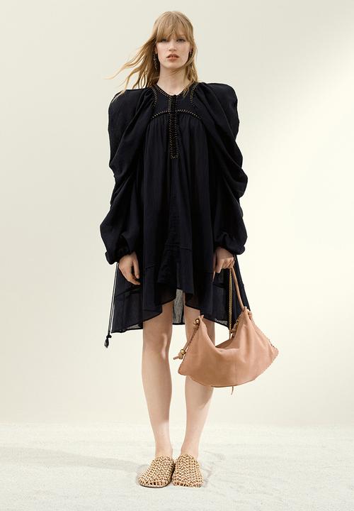 h&m black cotton dress H&M HM TREND Conscious Puff-Sleeved 100% Cotton CLASSIC BLACK Dress Short  Midi