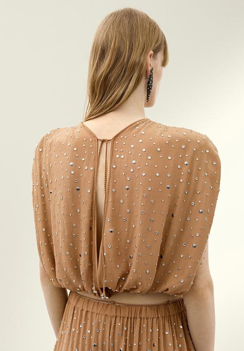 H&M - H&M Studio: Rhinestone-embellished top - dark beige