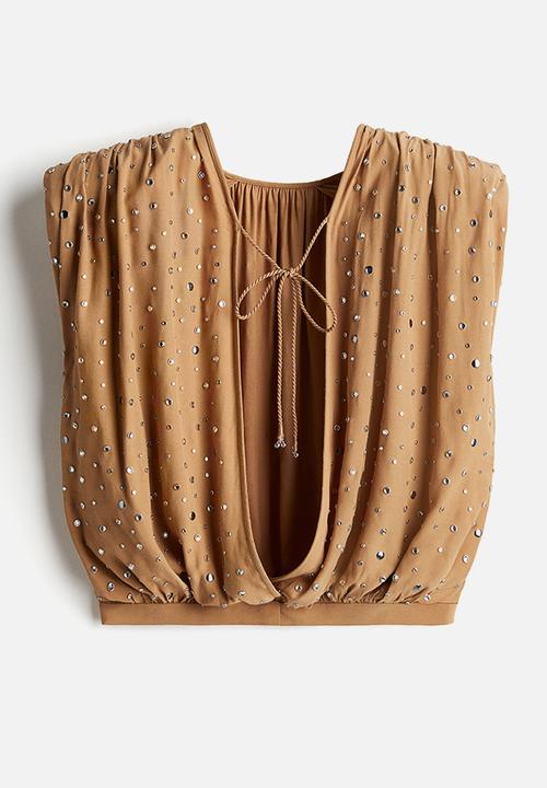 H&M - H&M Studio: Rhinestone-embellished top - dark beige