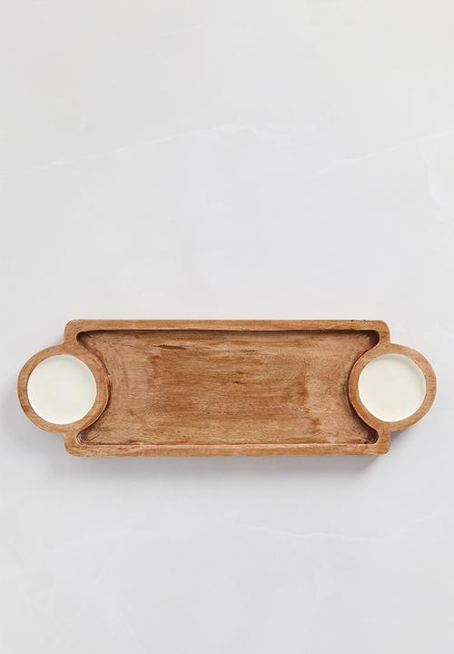 Wooden platter with enamel bowls - Natural