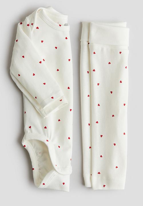 H&M - 2-Piece cotton jersey set - white hearts 