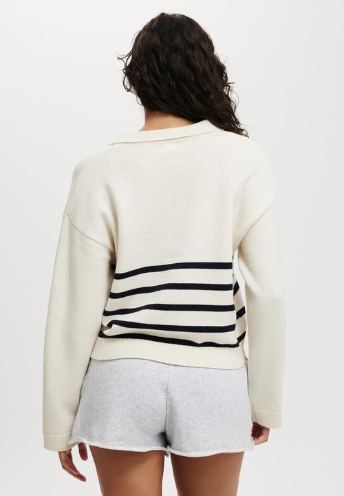 Cotton On - Luxe collar sweater - ecru/navy stripe