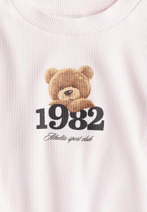 H&M - Ribbed cotton top - powder pink/teddy bear