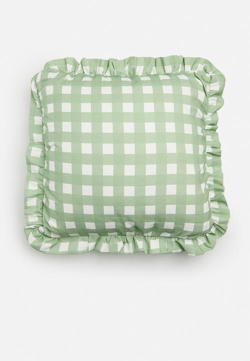 Check frill printed cushion cover - Olive