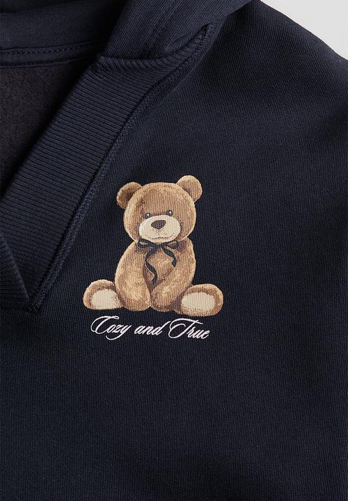 H&M - V-neck hoodie - navy blue & teddy bear