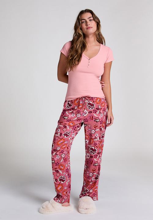 Hunkemoller - Top short sleeve rib henley - pink