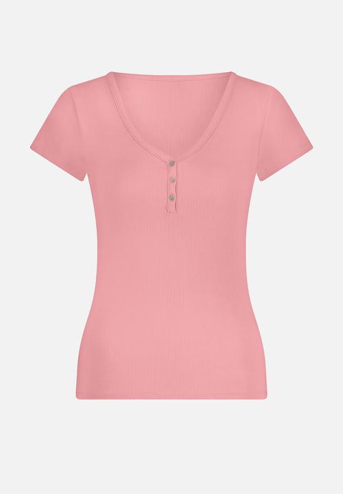 Hunkemoller - Top short sleeve rib henley - pink