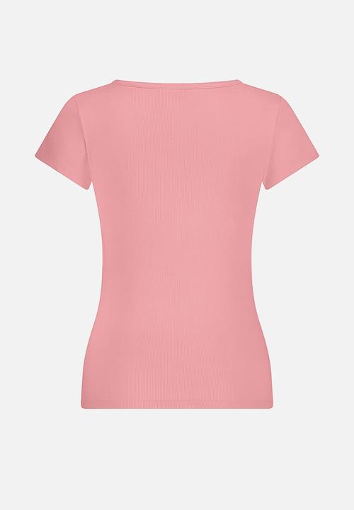 Hunkemoller - Top short sleeve rib henley - pink