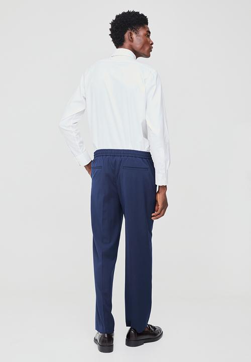 boohooMAN - Elastic Waist Straight Fit Tailored Trousers - Navy