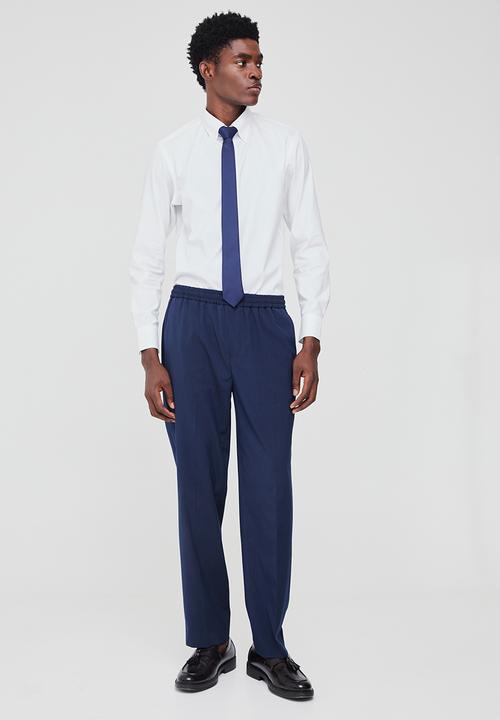 boohooMAN - Elastic Waist Straight Fit Tailored Trousers - Navy