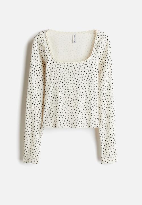 H&M - Picot-trimmed cotton top - cream floral