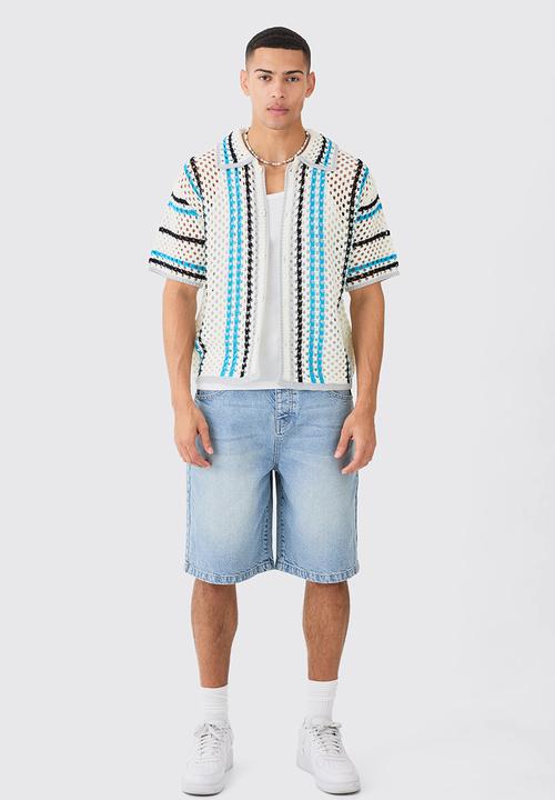 boohooMAN - Oversized Boxy Open Knit Stripe Shirt - Ecru