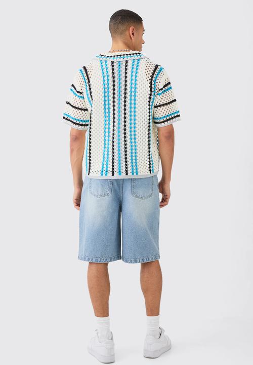 boohooMAN - Oversized Boxy Open Knit Stripe Shirt - Ecru