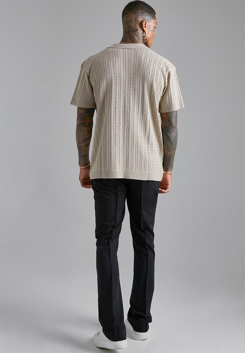 boohooMAN - Short Sleeve Revere Cable Knit Shirt - stone