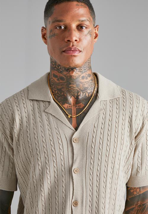 boohooMAN - Short Sleeve Revere Cable Knit Shirt - stone