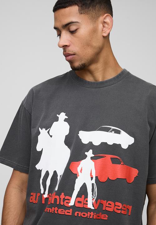 boohooMAN - Oversized Western Car Graphic T-Shirt - Charcoal