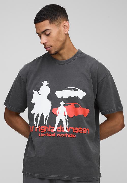 boohooMAN - Oversized Western Car Graphic T-Shirt - Charcoal