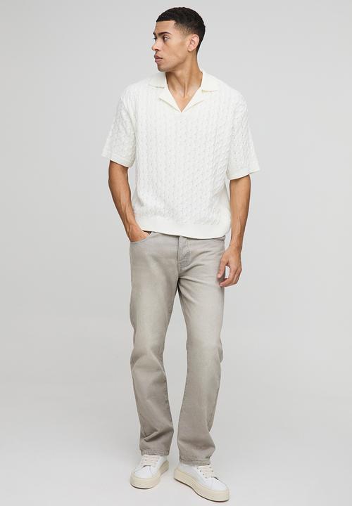 boohooMAN - Oversized Boxy Revere Collar Cable Knitted Polo - White