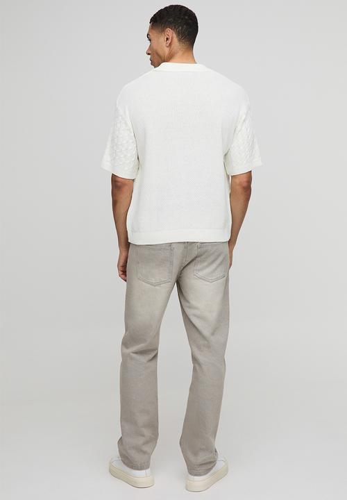 boohooMAN - Oversized Boxy Revere Collar Cable Knitted Polo - White
