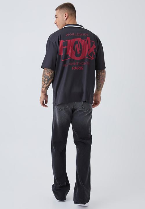 boohooMAN - Oversized Homme Print Satin Shirt - black