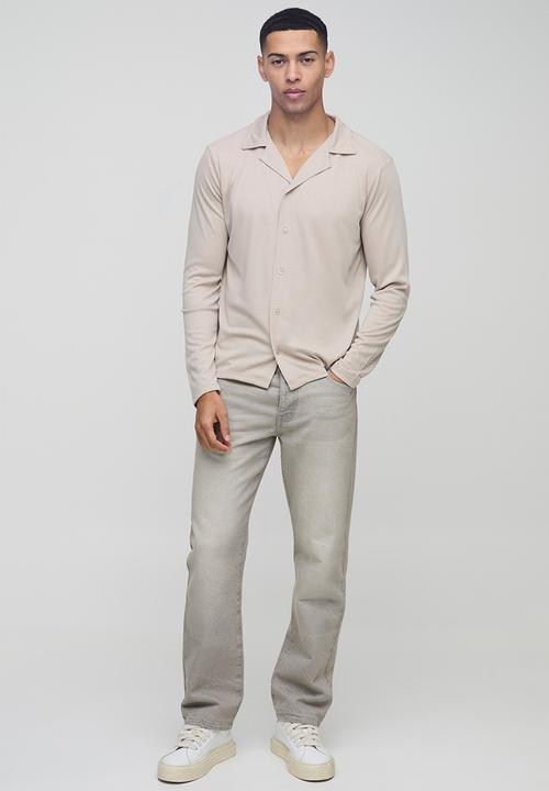 boohooMAN - Regular Fit Long Sleeve Interlock Shirt - Stone