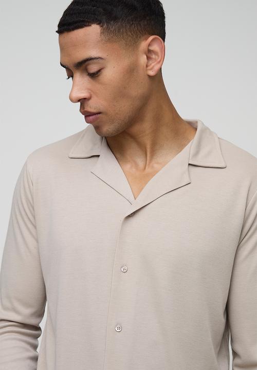 boohooMAN - Regular Fit Long Sleeve Interlock Shirt - Stone