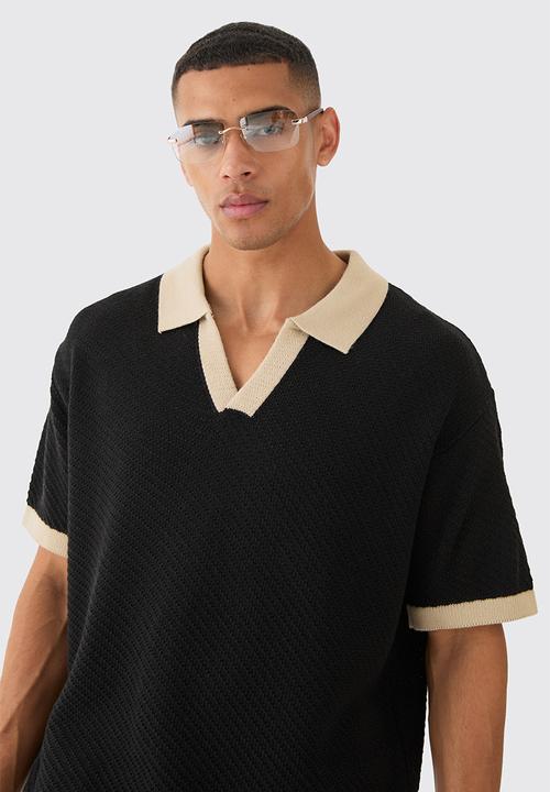 boohooMAN - Oversized Boxy Drop Shoulder Contrast Knit Polo - Black