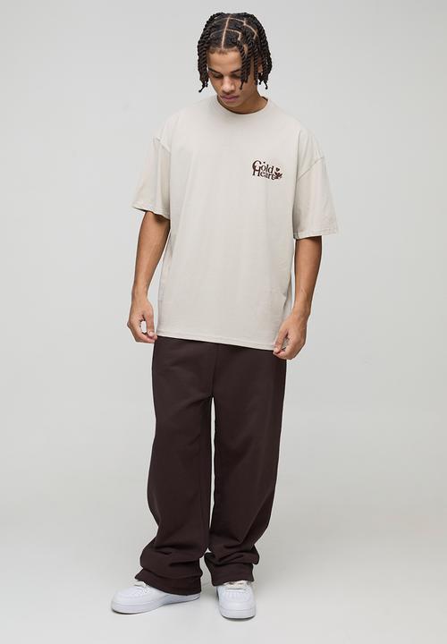 boohooMAN - Oversized Cold Heart Slogan Print T-Shirt - Stone