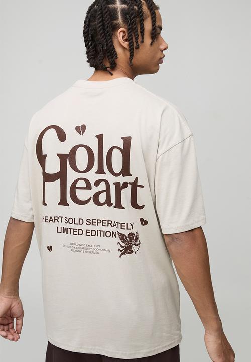 boohooMAN - Oversized Cold Heart Slogan Print T-Shirt - Stone