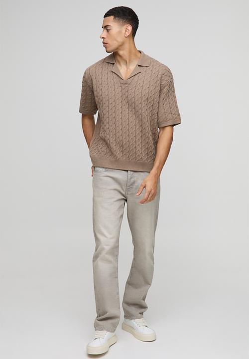 boohooMAN - Oversized Boxy Revere Collar Cable Knitted Polo - Taupe
