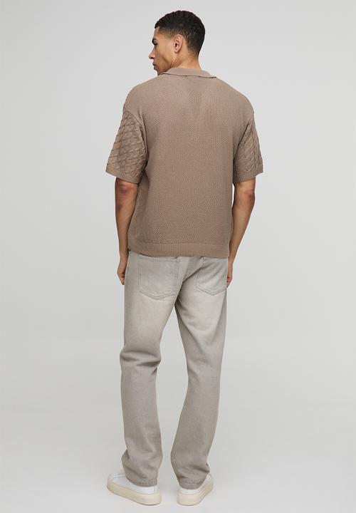 boohooMAN - Oversized Boxy Revere Collar Cable Knitted Polo - Taupe