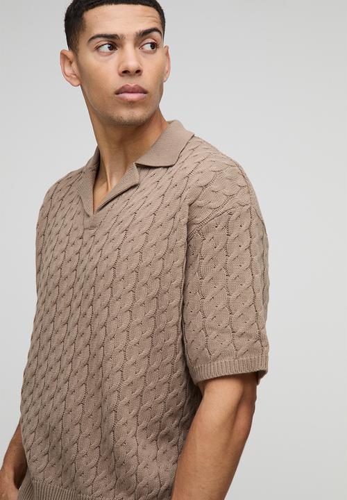 boohooMAN - Oversized Boxy Revere Collar Cable Knitted Polo - Taupe