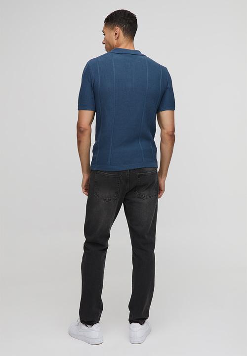 boohooMAN - Muscle Fit Zip Neck Ribbed Panelled Knitted Polo - Slate Blue
