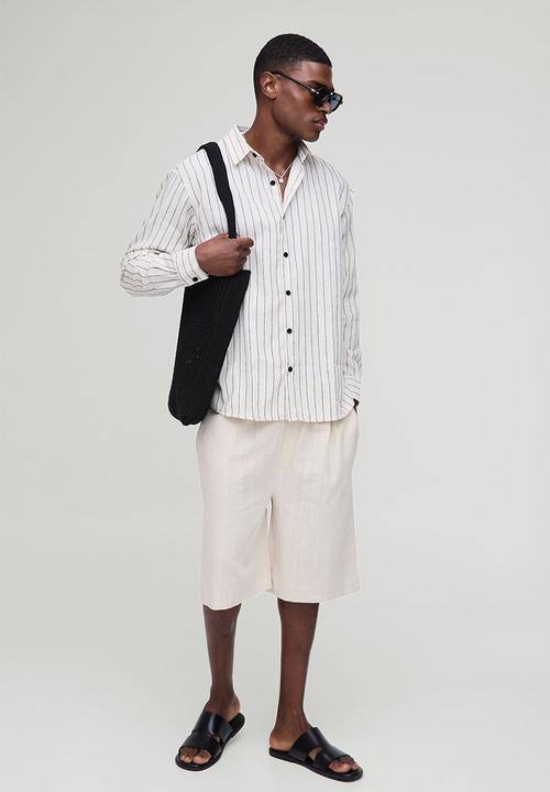 boohooMAN - Super Oversized Linen Look Embroidery Striped Collared Shirt - stone
