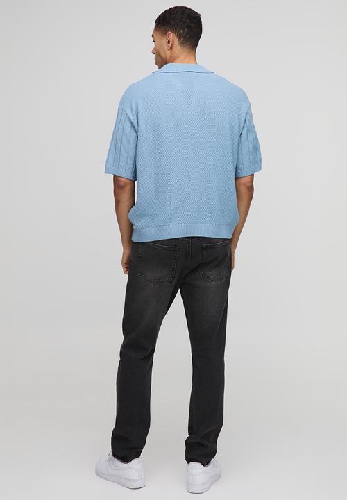 boohooMAN - Oversized Boxy Revere Collar Twisted Cable Knitted Polo - Light Blue