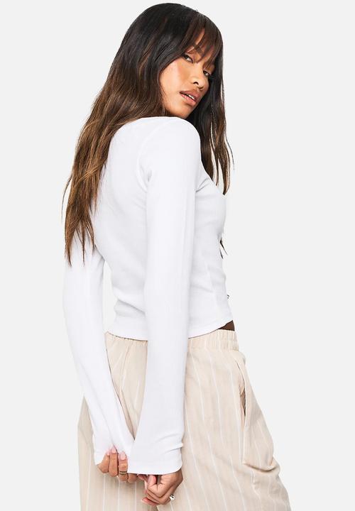 boohoo - Rib  detail scoop neck long sleeve top - white