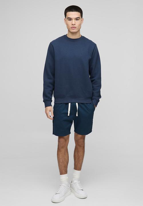 boohooMAN - Elasticated Waist Slim Fit Twill Shorts - Navy